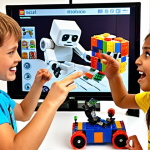 **

A group of children (ages 8-10) excitedly gathered around a screen displaying Scratch. One child is dragging a colorful block on the screen, while others point and laugh. LEGO Mindstorms robots are visible in the background, some assembled and others in pieces. The scene is bright and colorful, conveying a sense of fun and discovery.

**