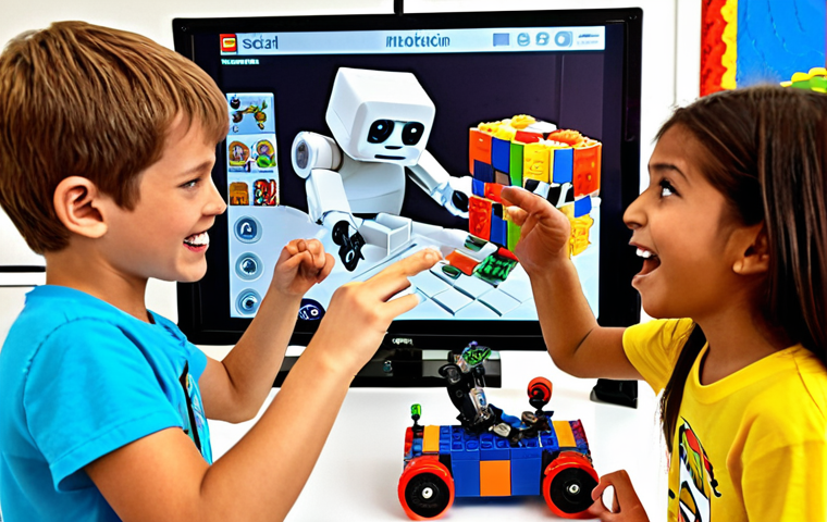 **
A group of children (ages 8-10) excitedly gathered around a screen displaying Scratch. One child is dragging a colorful block on the screen, while others point and laugh. LEGO Mindstorms robots are visible in the background, some assembled and others in pieces. The scene is bright and colorful, conveying a sense of fun and discovery.
**
