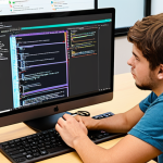 **

A collaborative coding session: An instructor and a student work together on a computer, surrounded by code snippets, diagrams, and sticky notes. The scene emphasizes communication, open laptops, and a shared screen displaying an IDE with active coding in progress. The atmosphere should feel supportive and productive, capturing the exchange of ideas and problem-solving between the instructor and student. Include elements of Git/GitHub interface visuals.

**