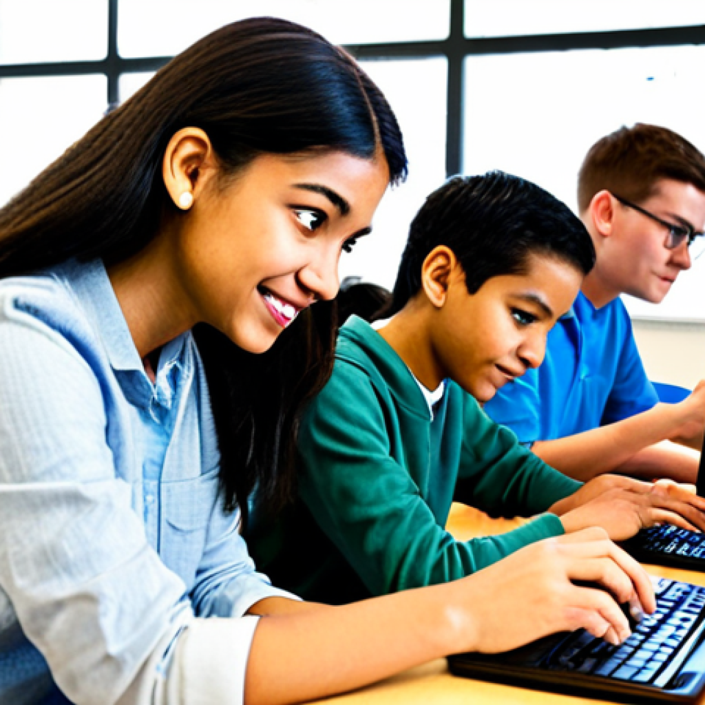 **

"A diverse group of fully clothed students in a bright, modern classroom, working collaboratively on computers, learning to code. The teacher, a professional with a friendly demeanor, is assisting a student.  Focus on teamwork, problem-solving, and creative digital skills. Safe for work, appropriate content, professional environment, perfect anatomy, correct proportions, natural poses, well-formed hands, proper finger count, modest clothing, family-friendly."

**