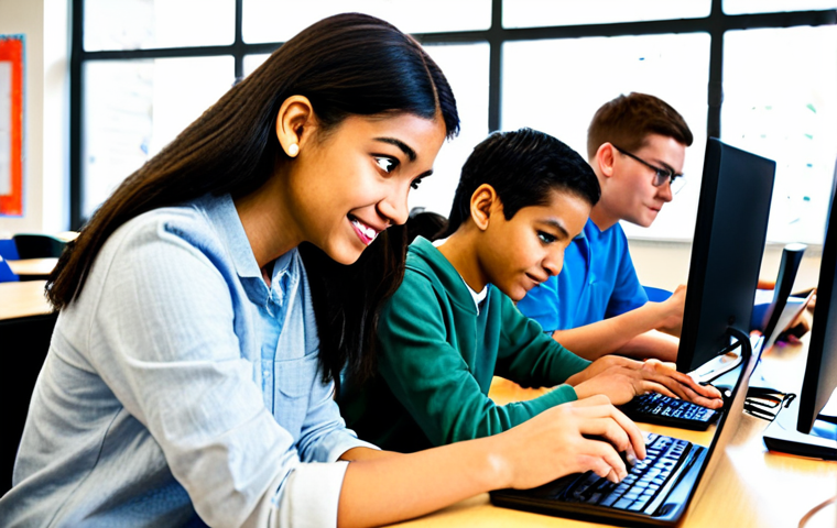 **

"A diverse group of fully clothed students in a bright, modern classroom, working collaboratively on computers, learning to code. The teacher, a professional with a friendly demeanor, is assisting a student.  Focus on teamwork, problem-solving, and creative digital skills. Safe for work, appropriate content, professional environment, perfect anatomy, correct proportions, natural poses, well-formed hands, proper finger count, modest clothing, family-friendly."

**