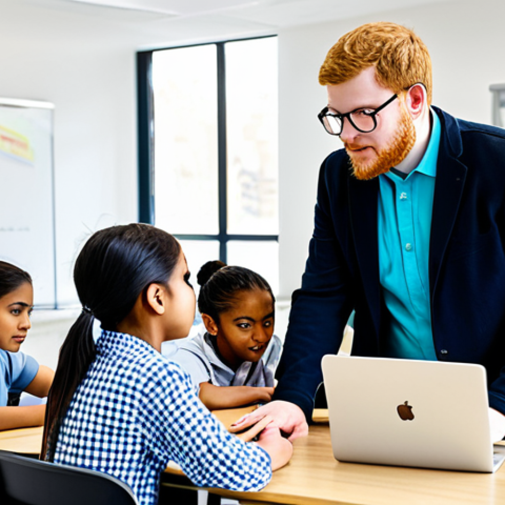 **
A patient and encouraging coding instructor, fully clothed in professional, modest attire, guiding a group of diverse students through a programming lesson in a bright, modern classroom. Students are attentively working on laptops. Safe for work, appropriate content, perfect anatomy, correct proportions, natural pose, professional setting, family-friendly.
**