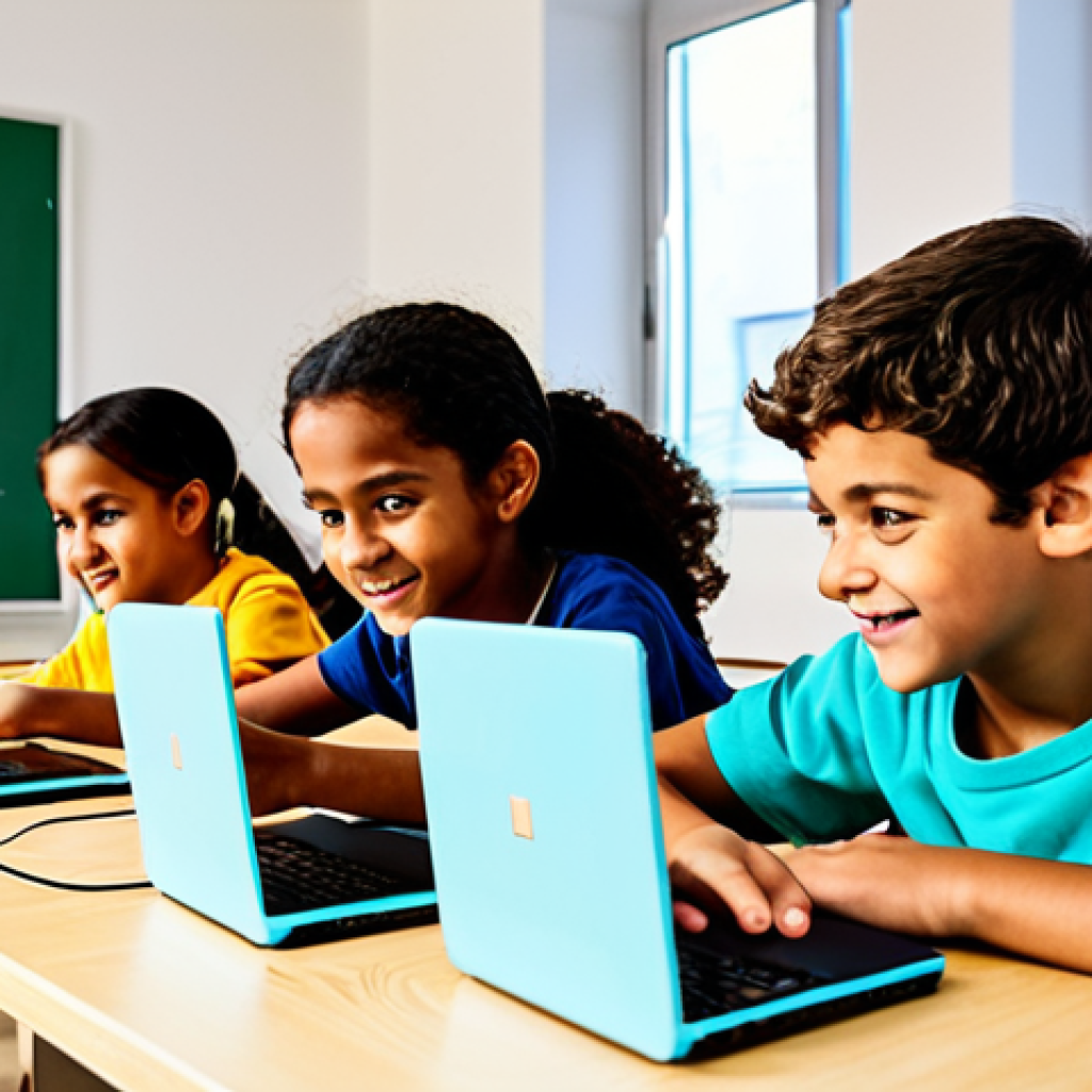 ** A group of fully clothed children, diverse in background, are enthusiastically working on laptops in a brightly lit classroom, focused on creating video games using Scratch. The setting is a modern, inclusive educational environment in Portugal. Safe for work, appropriate content, family-friendly, professional illustration, perfect anatomy, correct proportions, natural pose, modest clothing.
**