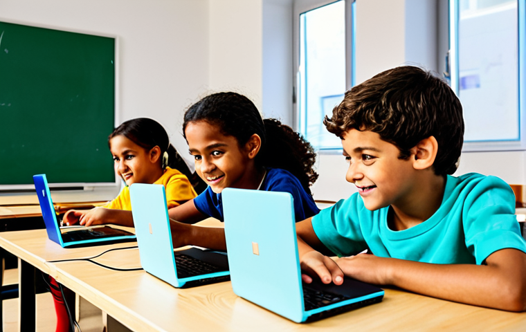 ** A group of fully clothed children, diverse in background, are enthusiastically working on laptops in a brightly lit classroom, focused on creating video games using Scratch. The setting is a modern, inclusive educational environment in Portugal. Safe for work, appropriate content, family-friendly, professional illustration, perfect anatomy, correct proportions, natural pose, modest clothing.

**
