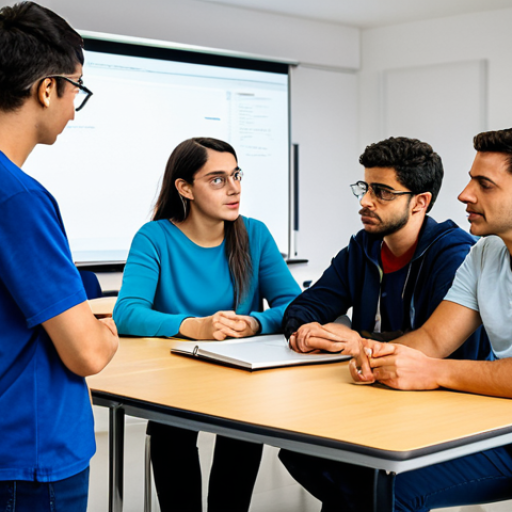 "A diverse group of students, fully clothed in appropriate attire, learning to code in a modern classroom in Lisbon, Portugal. Instructor is a woman. Safe for work, professional, family-friendly, perfect anatomy, natural pose, well-formed hands, proper finger count, high quality."