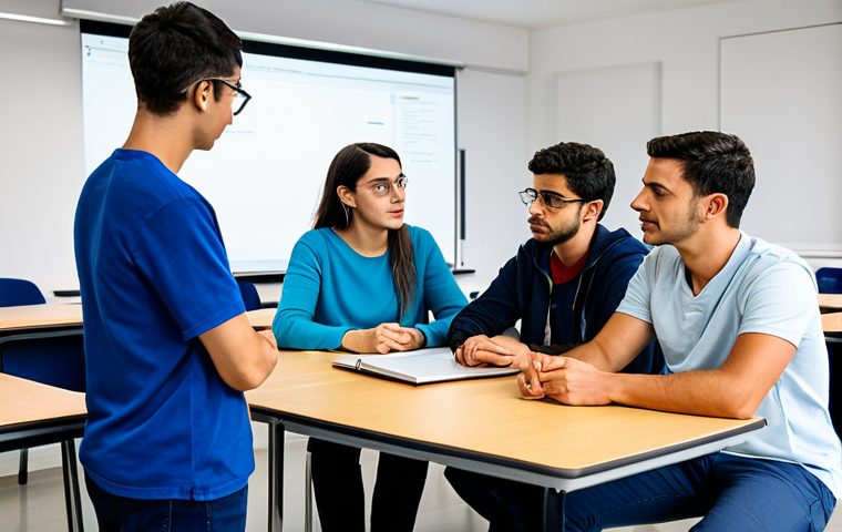 "A diverse group of students, fully clothed in appropriate attire, learning to code in a modern classroom in Lisbon, Portugal. Instructor is a woman. Safe for work, professional, family-friendly, perfect anatomy, natural pose, well-formed hands, proper finger count, high quality."