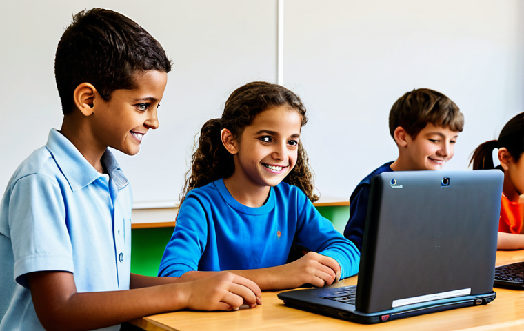 Young Students Learning to Code**
"A brightly lit classroom in a school in Setúbal, Portugal. Elementary school children are fully clothed and smiling as they work on laptops and tablets, learning to code. The scene is family-friendly and educational, showcasing colorful interfaces and positive interactions. Safe for work, appropriate content, professional, modest attire, perfect anatomy, natural proportions, high quality."
**