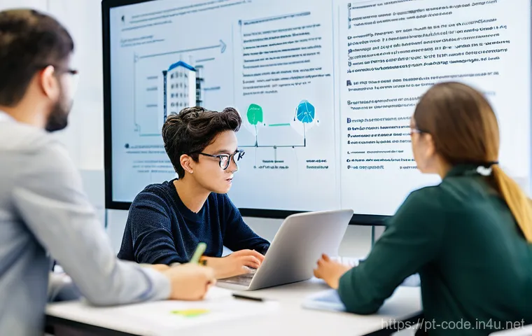 코딩교육지도사와 프로젝트 기반 학습 사례 - **Prompt:** A dynamic and inclusive group of 4-5 young adult software developers, aged 22-35, deeply...