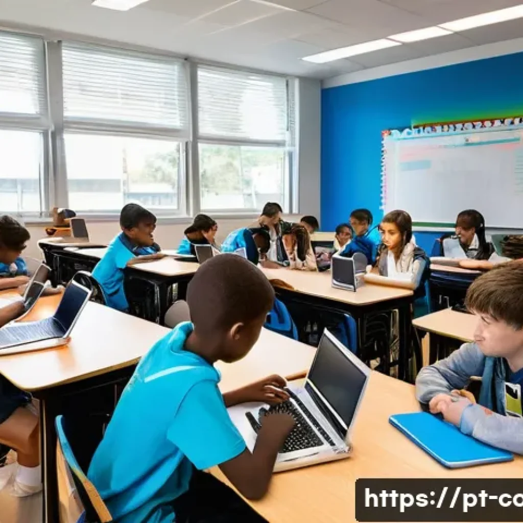 코딩교육지도사 실습 교재 제작 사례 - **Prompt:** A vibrant, brightly lit classroom teeming with a diverse group of children and teenagers...