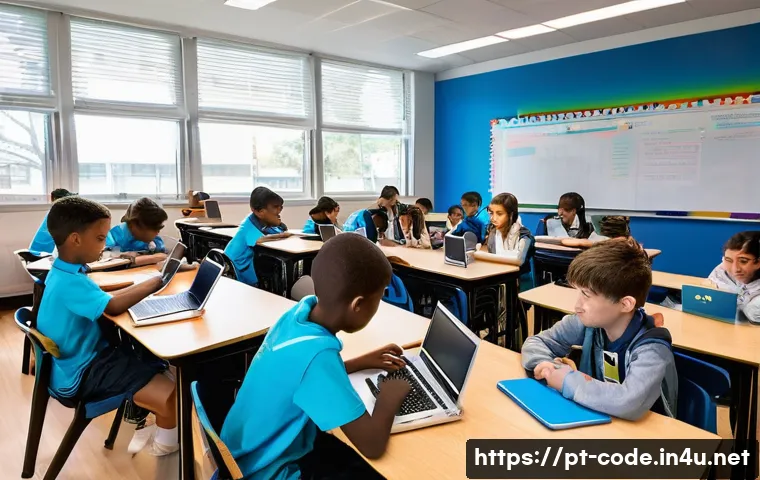 코딩교육지도사 실습 교재 제작 사례 - **Prompt:** A vibrant, brightly lit classroom teeming with a diverse group of children and teenagers...