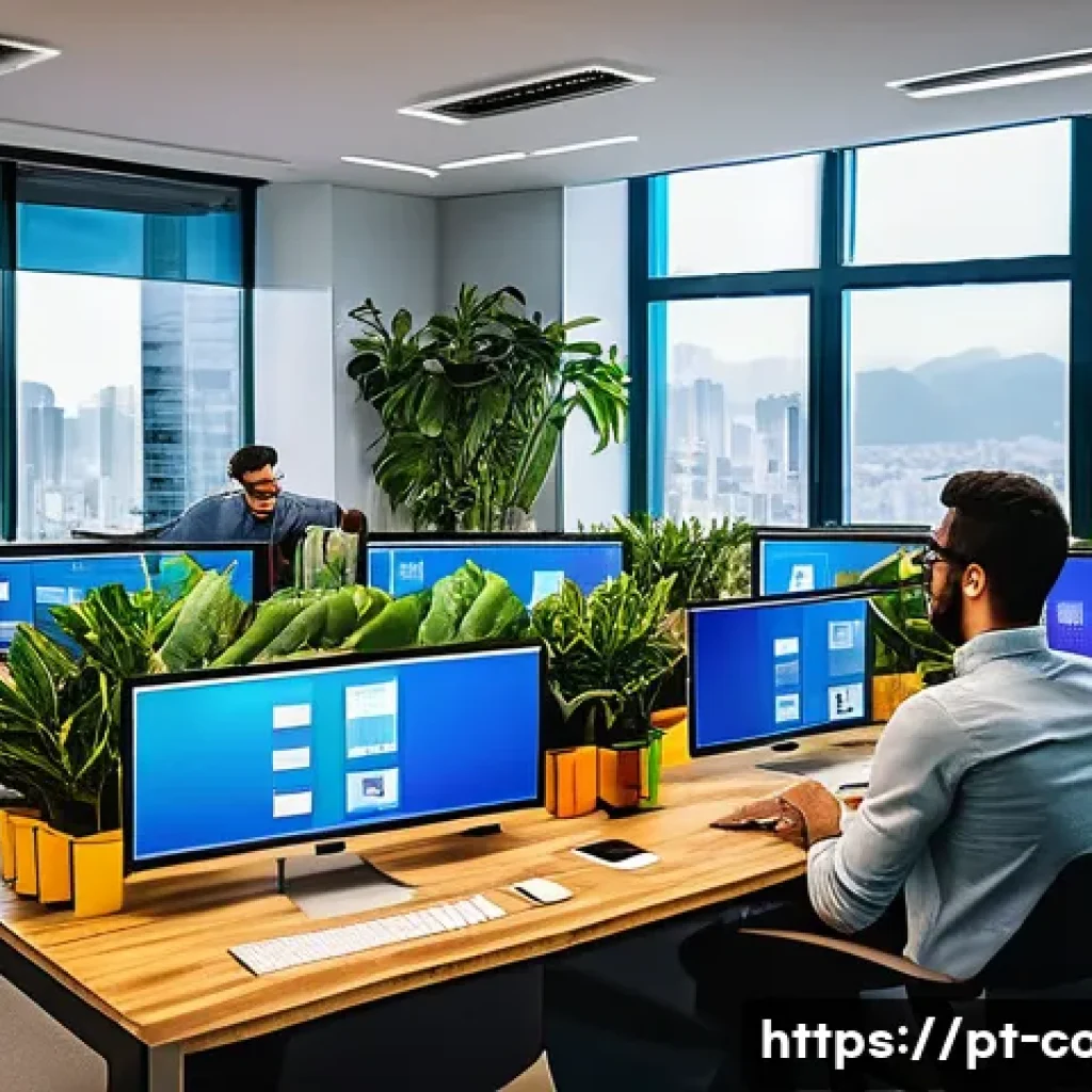 코딩교육지도사와 데이터 시각화 교육 - A modern, bright office environment in São Paulo, Brazil, featuring a diverse group of young profess...