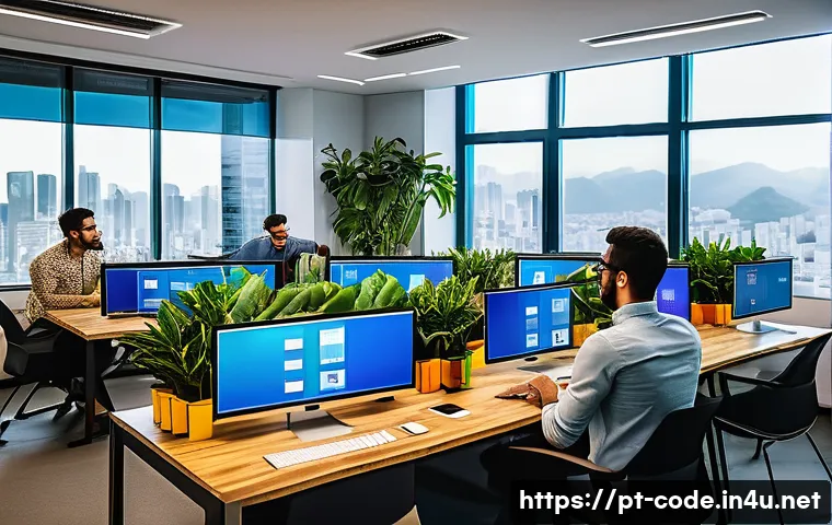 코딩교육지도사와 데이터 시각화 교육 - A modern, bright office environment in São Paulo, Brazil, featuring a diverse group of young profess...