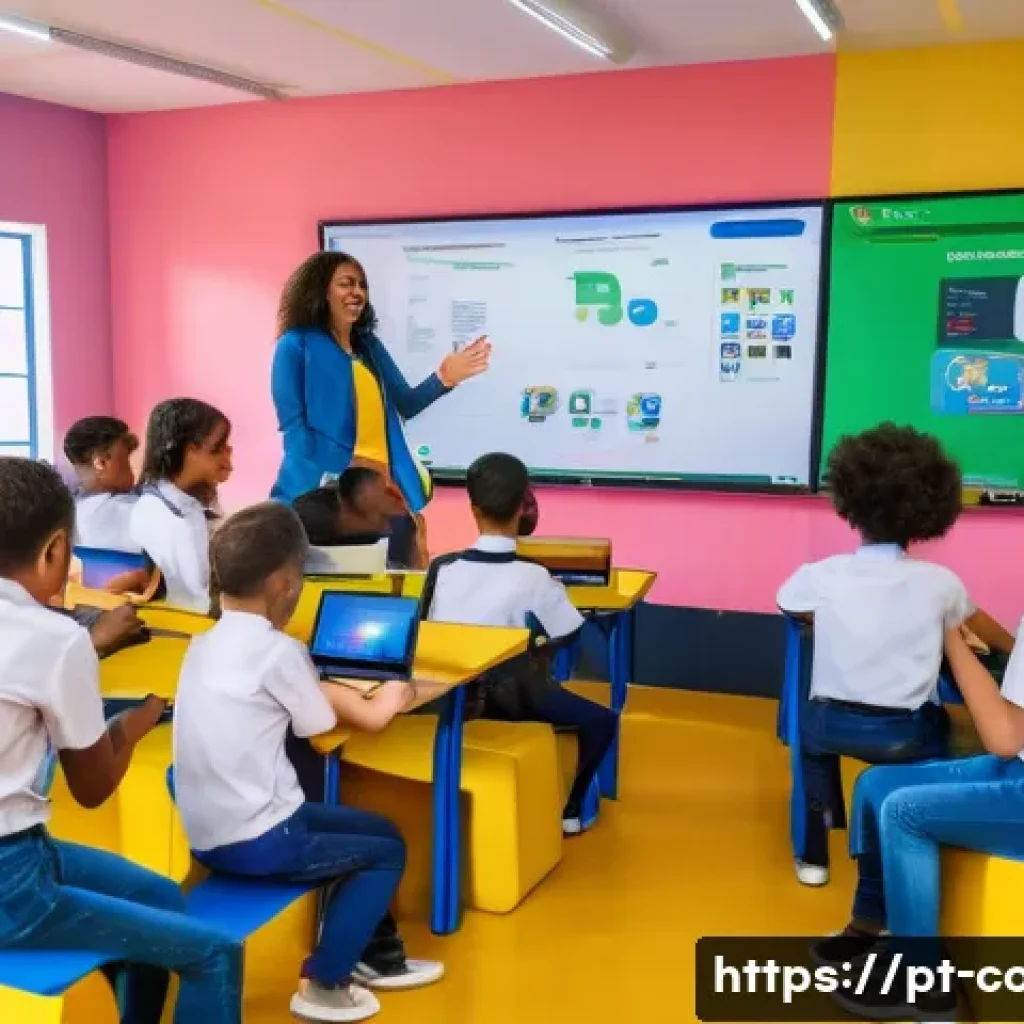 코딩교육지도사와 디지털 교육 혁신 - A diverse classroom scene in a modern Brazilian school, featuring young students aged 7 to 14 engage...