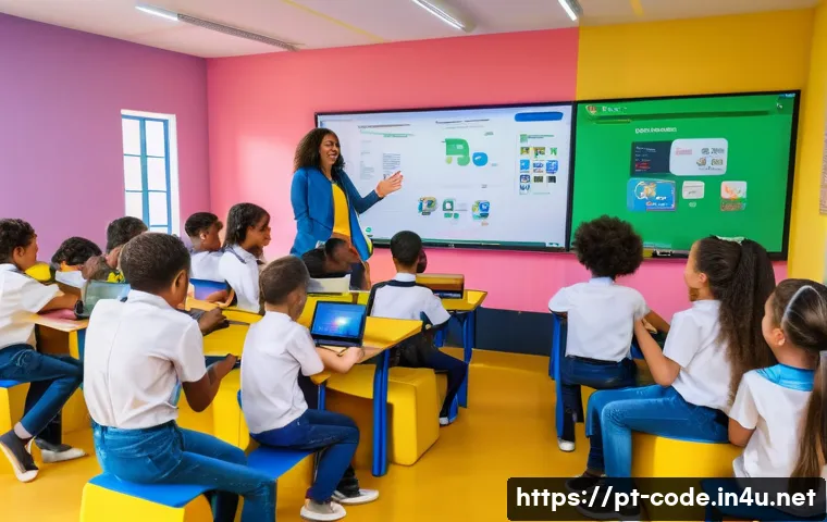코딩교육지도사와 디지털 교육 혁신 - A diverse classroom scene in a modern Brazilian school, featuring young students aged 7 to 14 engage...