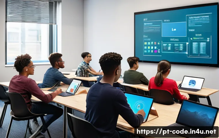 코딩교육지도사 연간 교육 계획 수립 방법 - A modern classroom scene featuring a diverse group of adult students engaged in a technology course,...