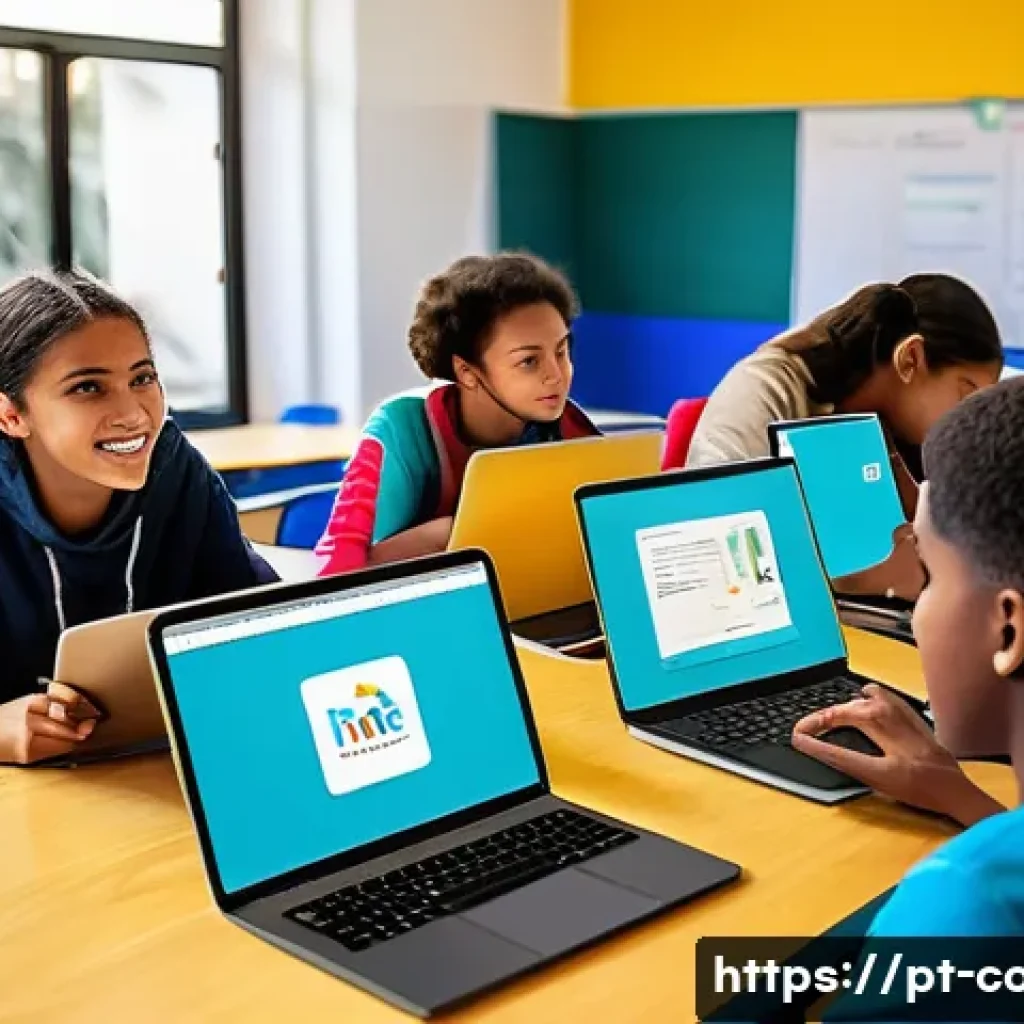 코딩교육지도사와 비즈니스 교육 사례 - A modern classroom scene in Brazil with diverse high school students actively engaging in a digital ...