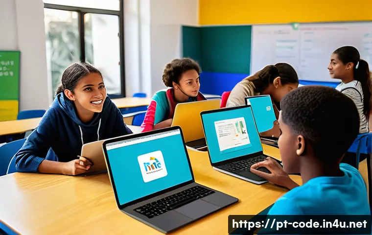 코딩교육지도사와 비즈니스 교육 사례 - A modern classroom scene in Brazil with diverse high school students actively engaging in a digital ...