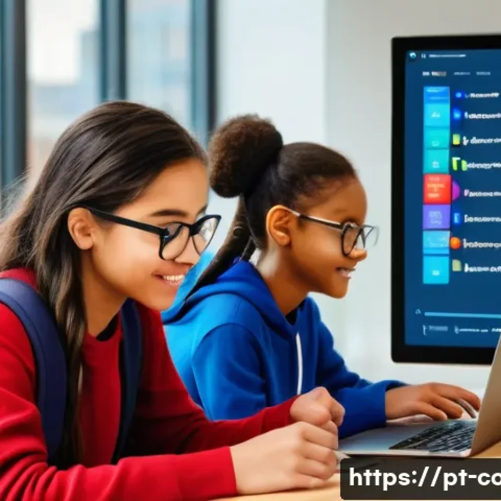 코딩교육지도사와 IT 기술 발전의 상관관계 - A bright, modern virtual classroom scene with diverse young students coding together on laptops usin...