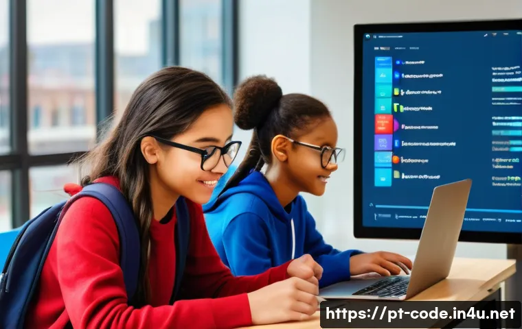 코딩교육지도사와 IT 기술 발전의 상관관계 - A bright, modern virtual classroom scene with diverse young students coding together on laptops usin...