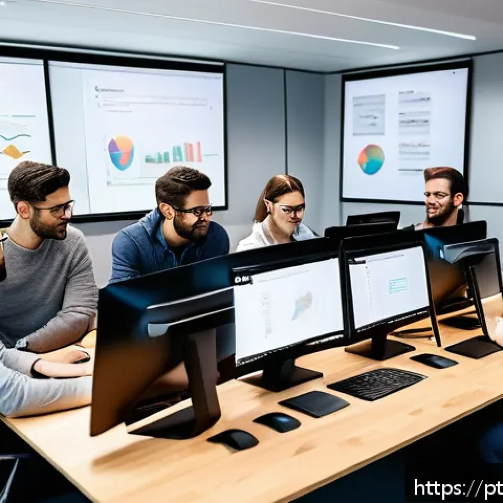 코딩교육지도사와 커리큘럼 평가 사례 - A modern office scene showing a diverse group of software developers collaborating around a large ta...
