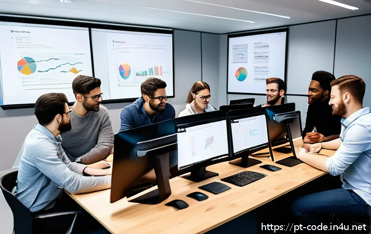 코딩교육지도사와 커리큘럼 평가 사례 - A modern office scene showing a diverse group of software developers collaborating around a large ta...