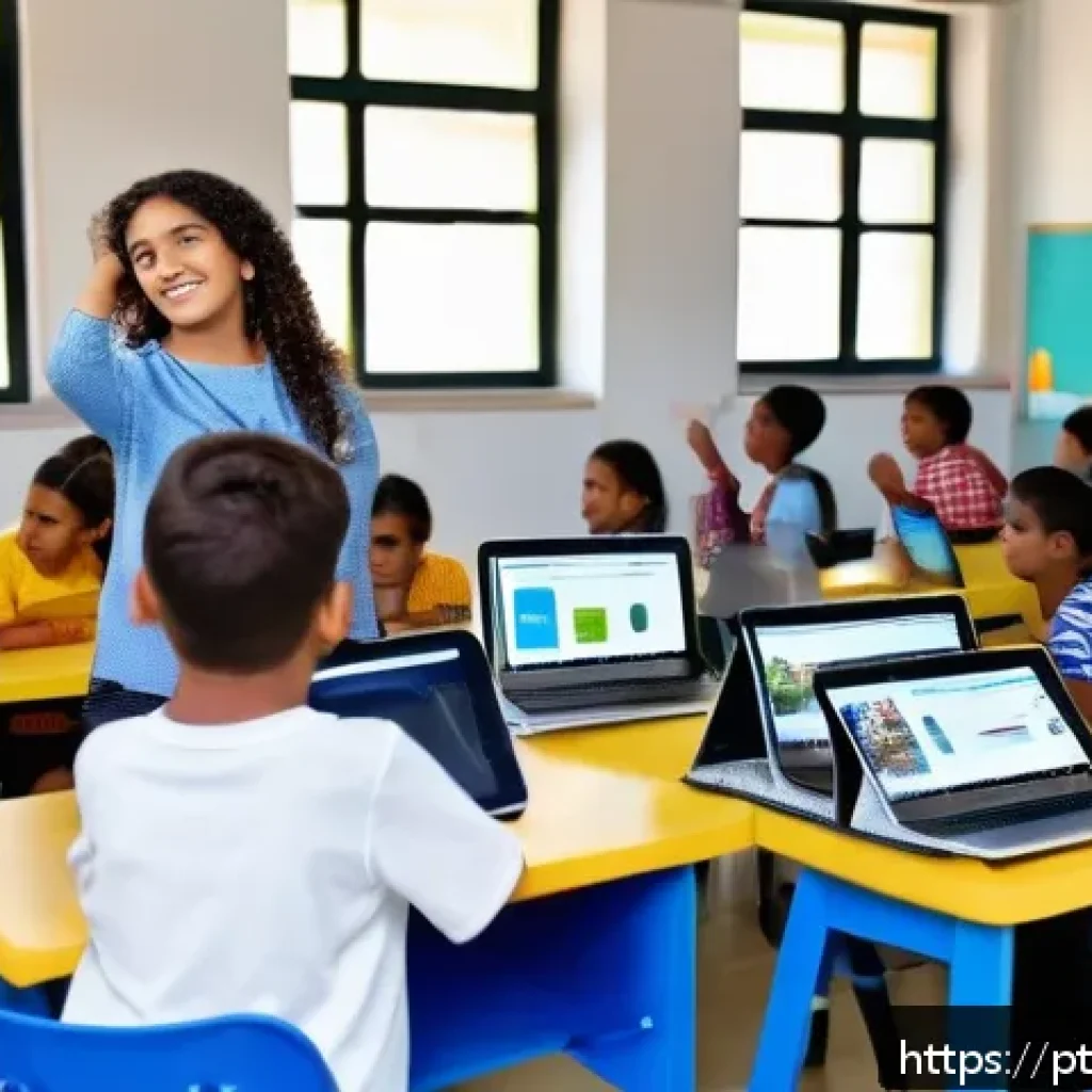코딩교육지도사로서 학부모 상담 노하우 - A warm and welcoming classroom scene in a modern Brazilian school, showing diverse parents and child...