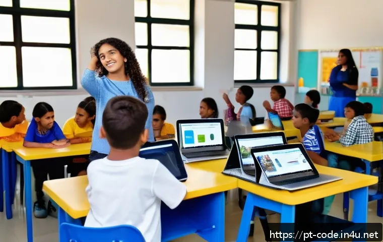 코딩교육지도사로서 학부모 상담 노하우 - A warm and welcoming classroom scene in a modern Brazilian school, showing diverse parents and child...