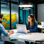 Home 22 코딩교육지도사와 클라우드 컴퓨팅 교육 - A modern Brazilian tech startup office environment, showing diverse professionals collaborating on c...