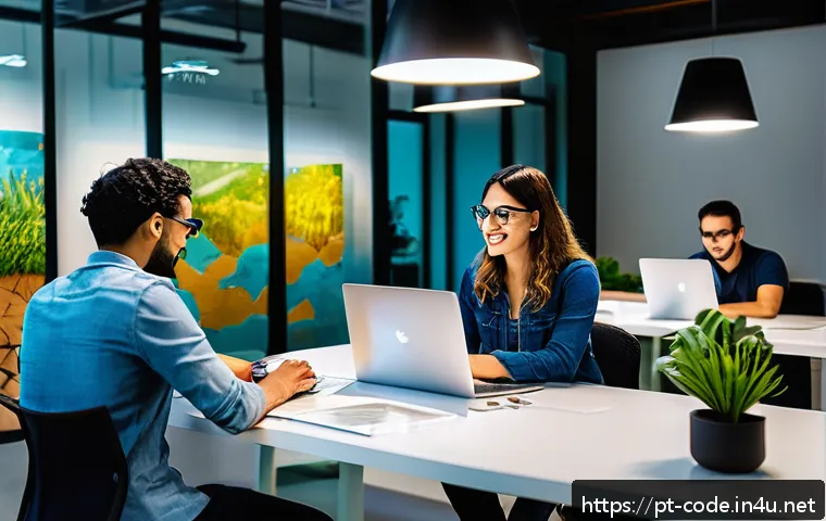 코딩교육지도사와 클라우드 컴퓨팅 교육 - A modern Brazilian tech startup office environment, showing diverse professionals collaborating on c...