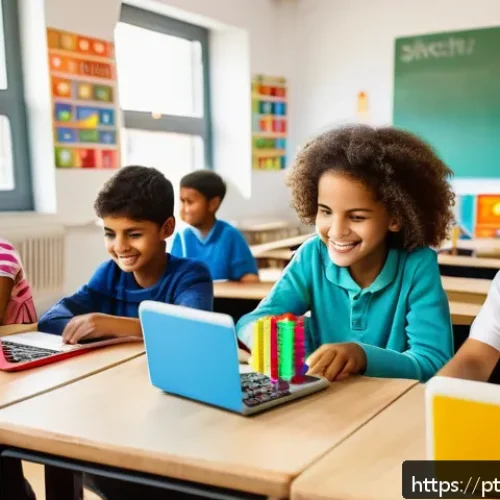 Home 33 코딩교육지도사와 기초 컴퓨터 과학 교육 - A diverse group of children aged 6 to 12, including boys and girls wearing casual clothing and some ...