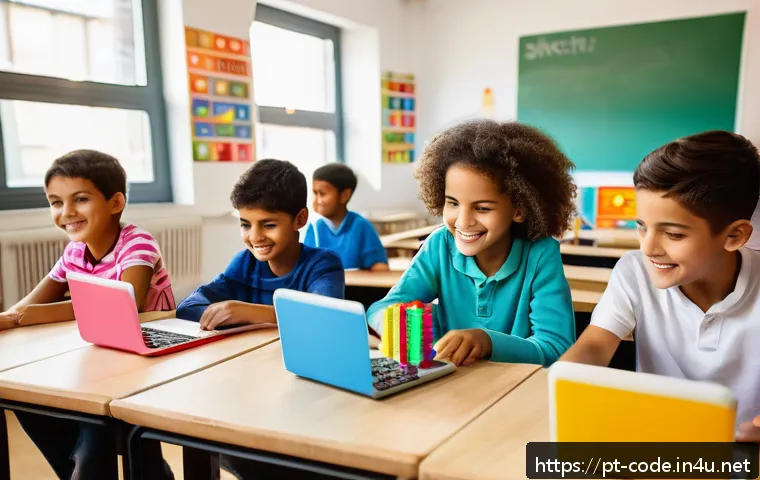 코딩교육지도사와 기초 컴퓨터 과학 교육 - A diverse group of children aged 6 to 12, including boys and girls wearing casual clothing and some ...