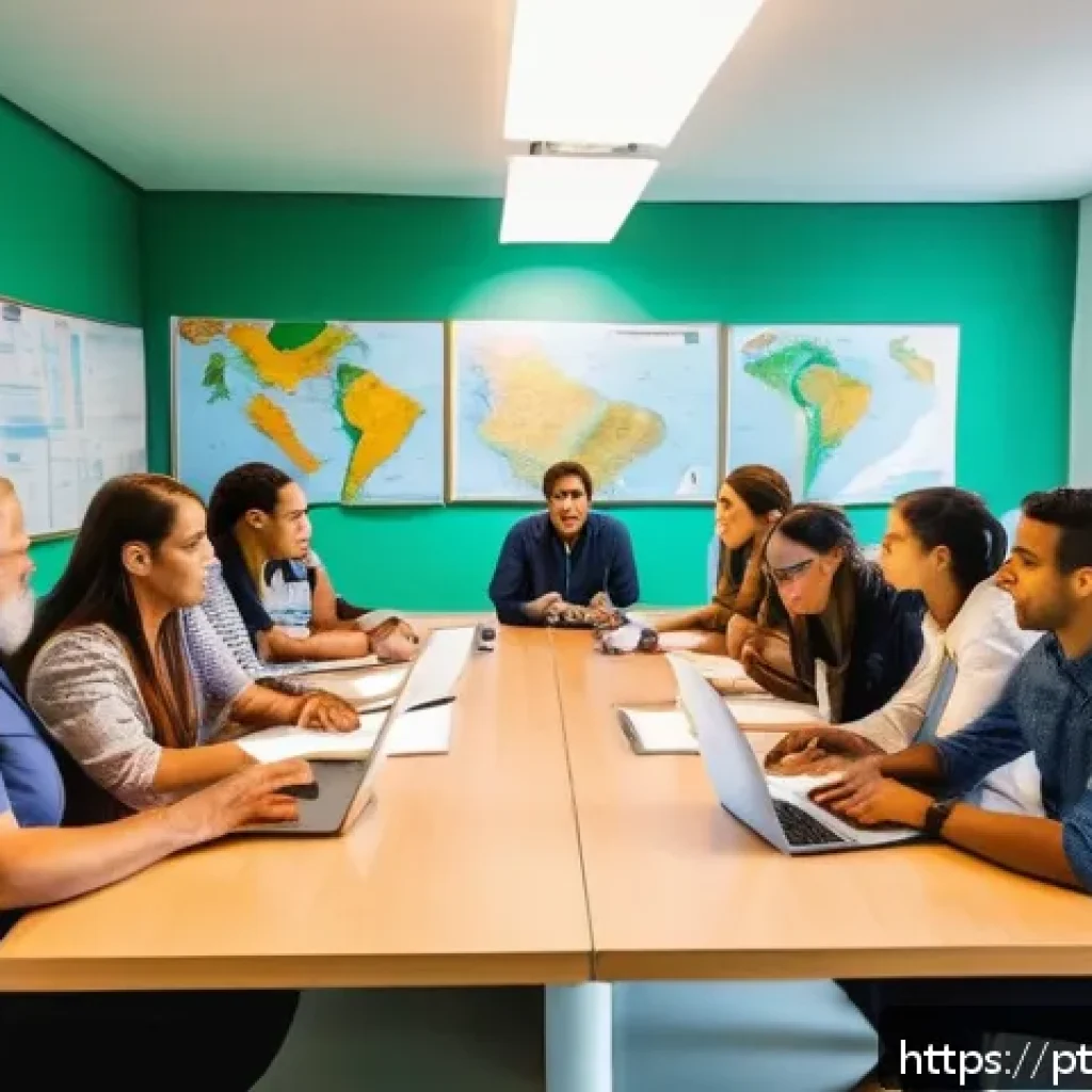 코딩교육지도사와 교육 철학의 접목 - A modern classroom scene in Brazil featuring a diverse group of adult programming instructors engage...