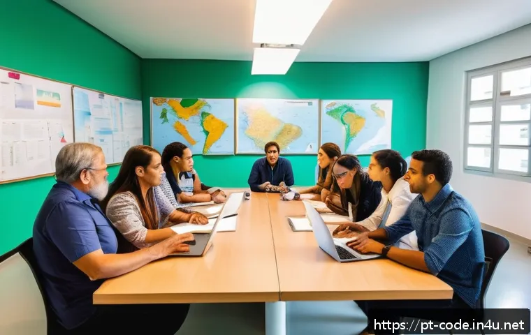 코딩교육지도사와 교육 철학의 접목 - A modern classroom scene in Brazil featuring a diverse group of adult programming instructors engage...