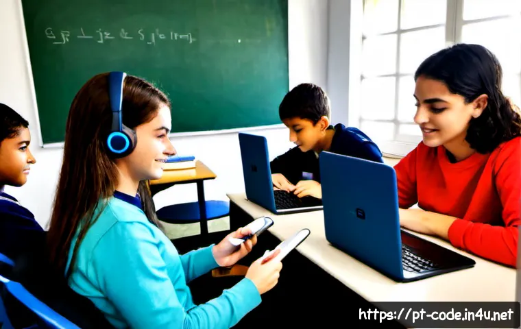 코딩교육지도사와 학습 지원 도구 활용 - Photorealistic classroom in Portugal, a friendly coding education instructor assisting a diverse gro...