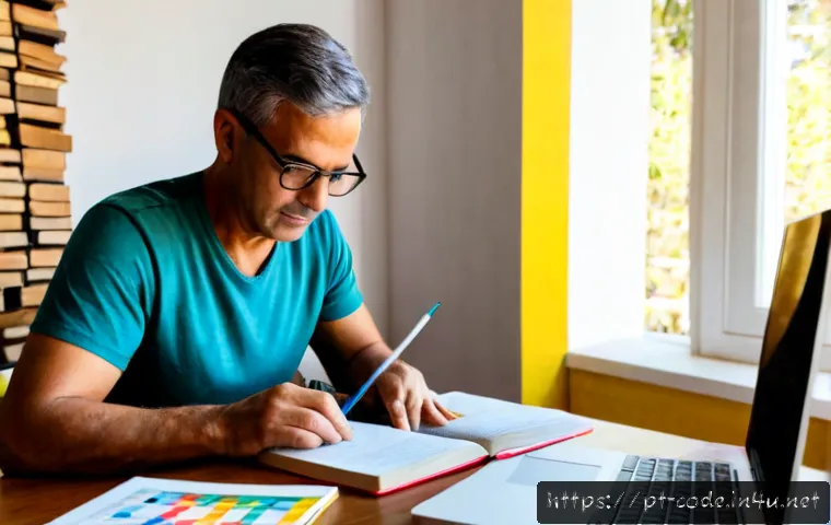 Home 30 코딩교육지도사 시험 가이드북 리뷰 - Photorealistic home study desk in Portugal, a middle-aged aspiring coding instructor carefully revie...